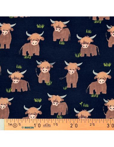 Tissu sweat digital - Vache des Highlands fond bleu marine