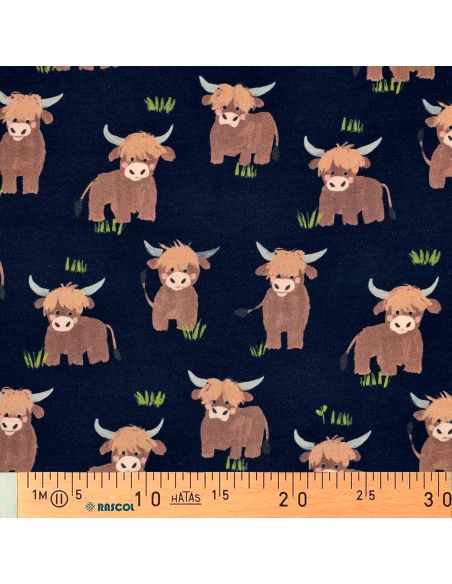 Tissu sweat digital - Vache des Highlands fond bleu marine