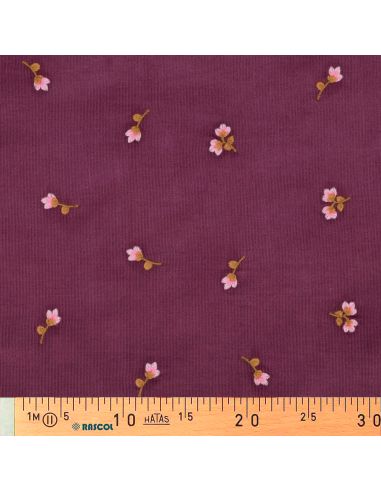 Tissu velours milleraies broderie fleurs - Lie de vin