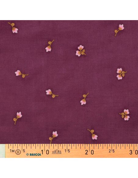 Tissu velours milleraies broderie fleurs - Lie de vin