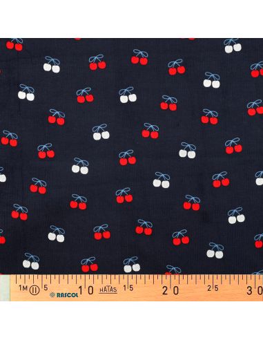 Tissu velours milleraies fantaisie cerises - Bleu marine
