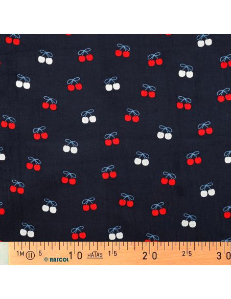 Tissu velours milleraies fantaisie cerises - Bleu marine