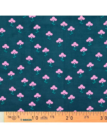 Tissu velours milleraies fantaisie - Armelle fond bleu pétrole