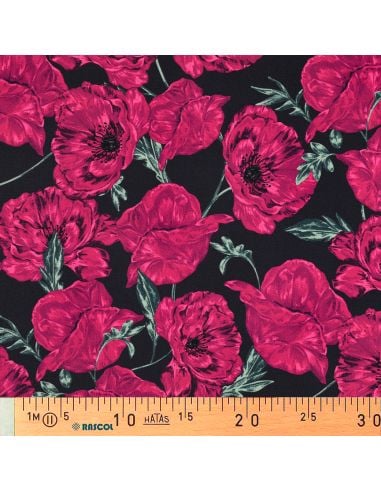 Tissu sweat digital - Coquelicots rose fond bleu navy