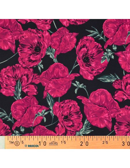 Tissu sweat digital - Coquelicots rose fond bleu navy