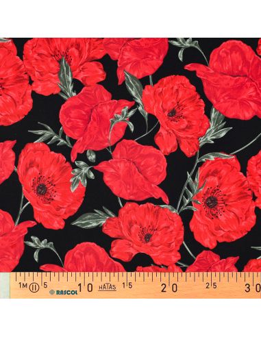 Tissu sweat digital - Coquelicots rouge fond noir