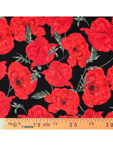 Tissu sweat digital - Coquelicots rouge fond noir