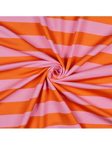 Tissu sweat léger à rayures - Orange et rose