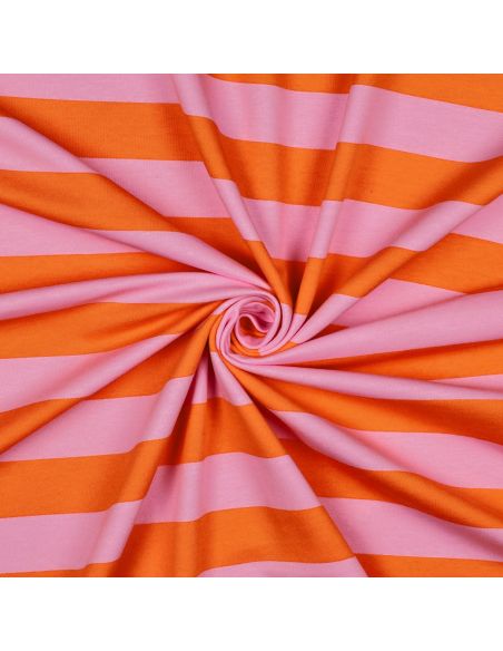Tissu sweat léger à rayures - Orange et rose