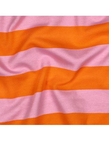 Tissu sweat léger à rayures - Orange et rose
