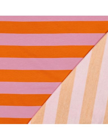 Tissu sweat léger à rayures - Orange et rose