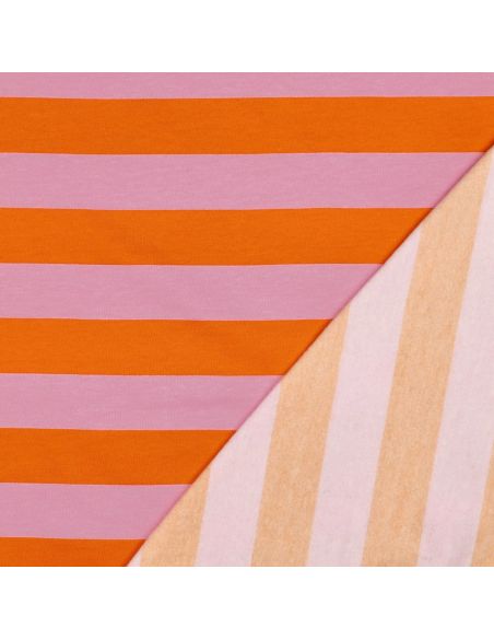 Tissu sweat léger à rayures - Orange et rose