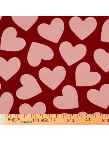 Tissu sweat léger gros coeurs - Saumon fond rouge