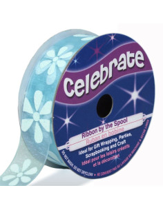 Ruban organza Celebrate bleu ciel et fleurs - 15 mm x 3.5 m