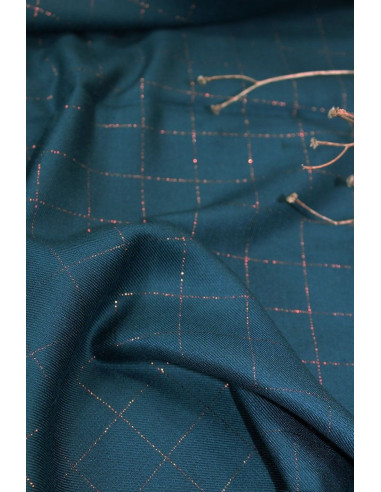 Tissu sergé de viscose carreaux bleu pétrole lurex cuivré - Églantine & Zoé