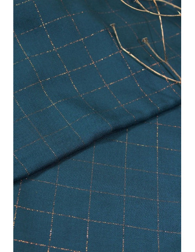 Tissu sergé de viscose carreaux bleu pétrole lurex cuivré - Églantine & Zoé