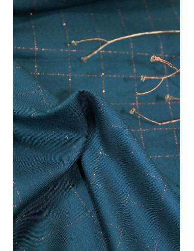 Tissu sergé de viscose carreaux bleu pétrole lurex cuivré - Églantine & Zoé
