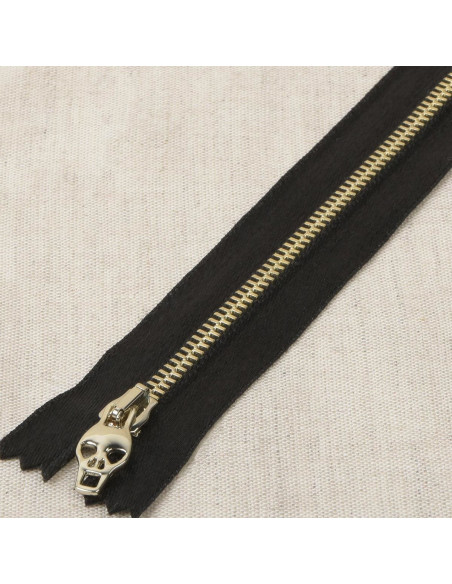 Fermeture satin métal lurex tête de mort - Or