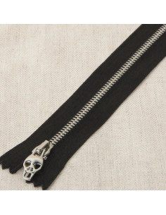 Fermeture satin métal lurex tête de mort - Argent