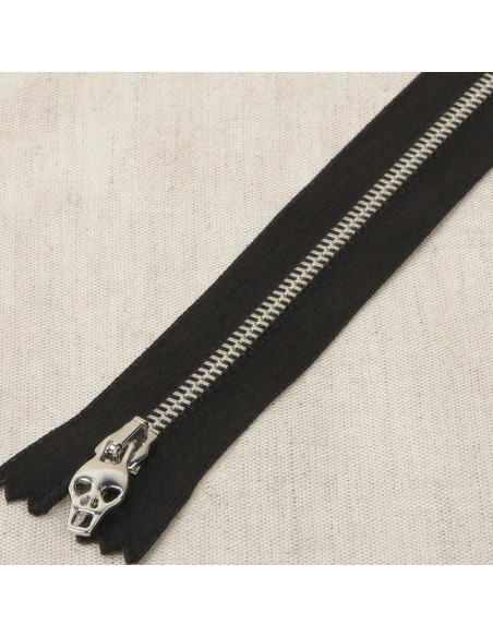 Fermeture satin métal lurex tête de mort - Argent