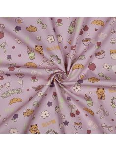 Tissu popeline de coton Kawaii - Mauve
