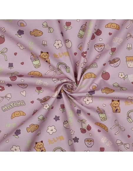 Tissu popeline de coton Kawaii - Mauve