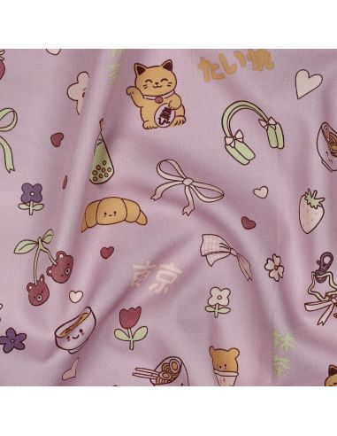 Tissu popeline de coton Kawaii - Mauve