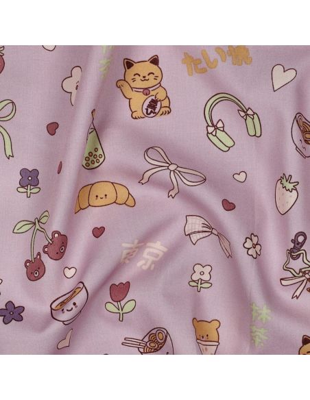 Tissu popeline de coton Kawaii - Mauve