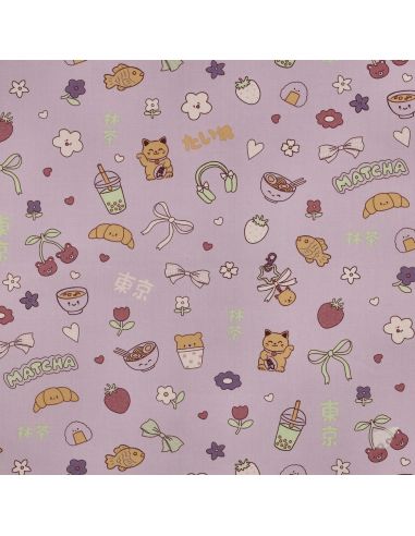 Tissu popeline de coton Kawaii - Mauve