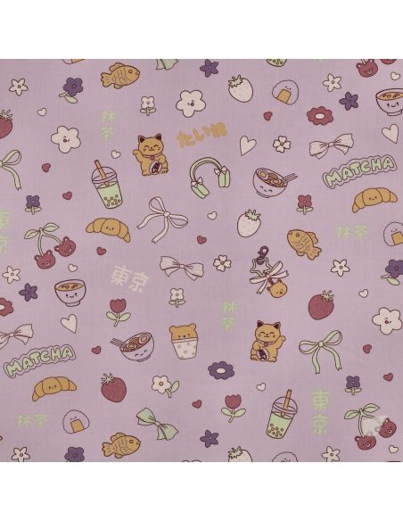 Tissu popeline de coton Kawaii - Mauve