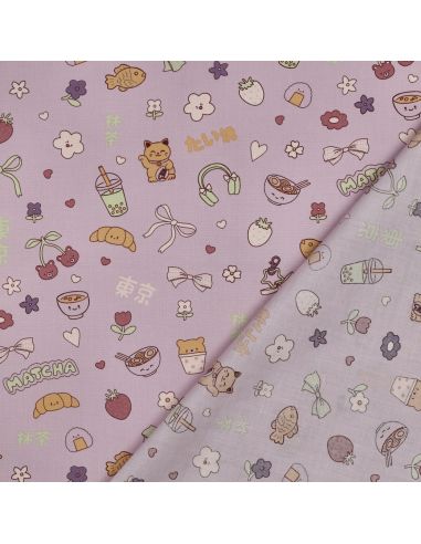Tissu popeline de coton Kawaii - Mauve