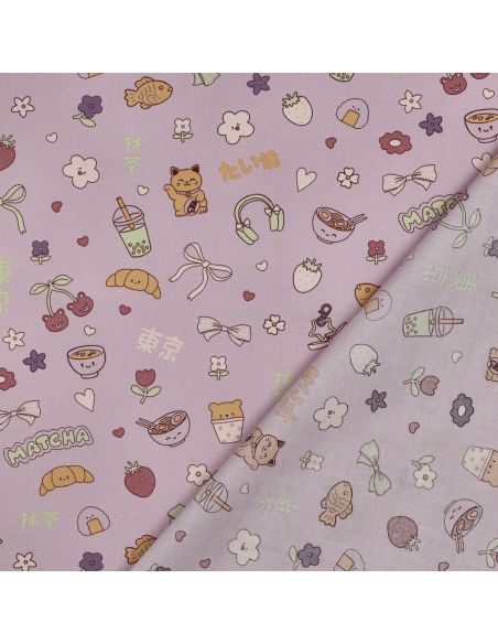 Tissu popeline de coton Kawaii - Mauve