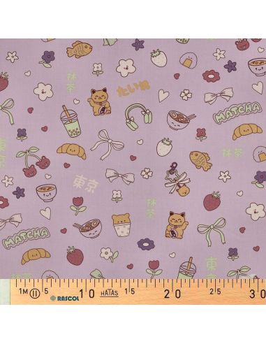 Tissu popeline de coton Kawaii - Mauve