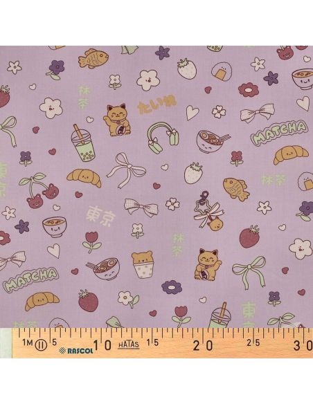 Tissu popeline de coton Kawaii - Mauve
