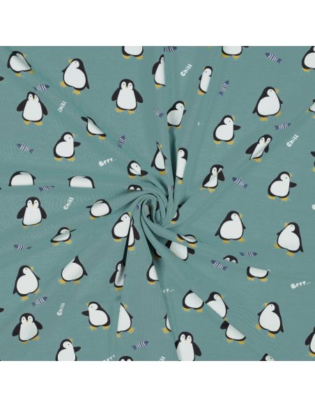 Tissu jersey impirmé - Manchot fond sauge