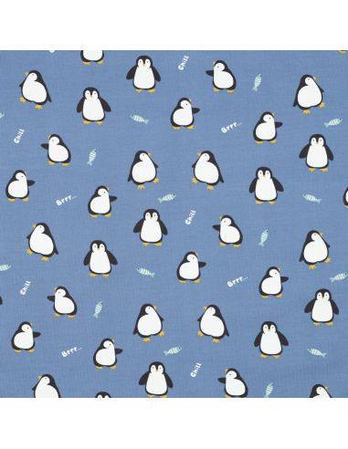 Tissu jersey imprimé - Manchot fond bleu