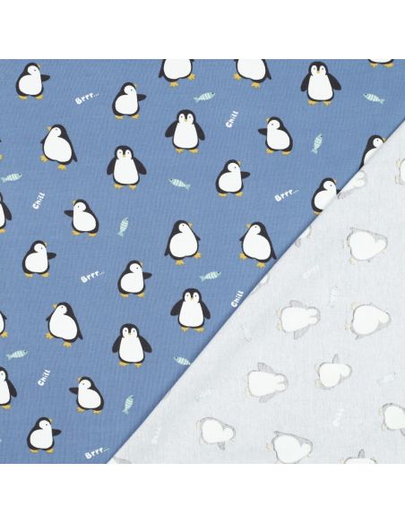 Tissu jersey imprimé - Manchot fond bleu