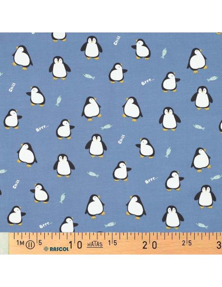 Tissu jersey imprimé - Manchot fond bleu