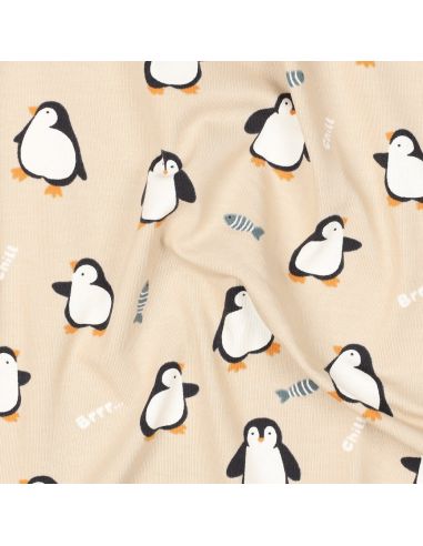 Tissu jersey imprimé - Manchot fond beige