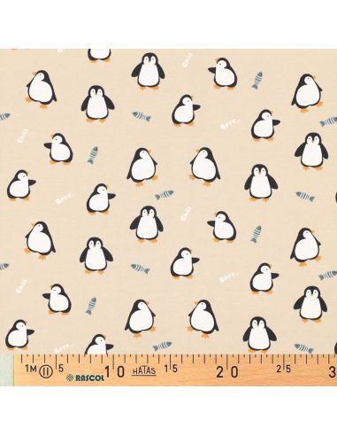 Tissu jersey imprimé - Manchot fond beige