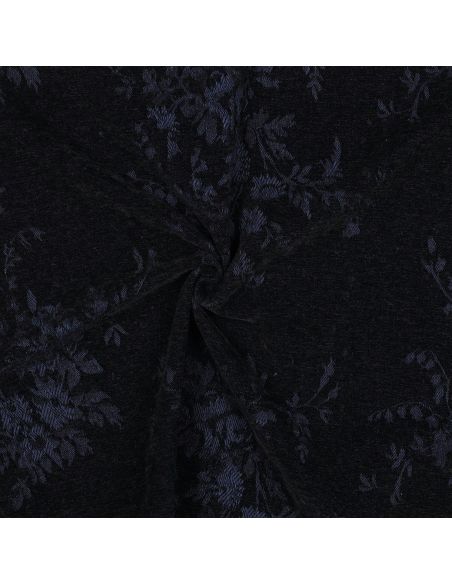 Tissu denim velours jacquard fleurs - Noir