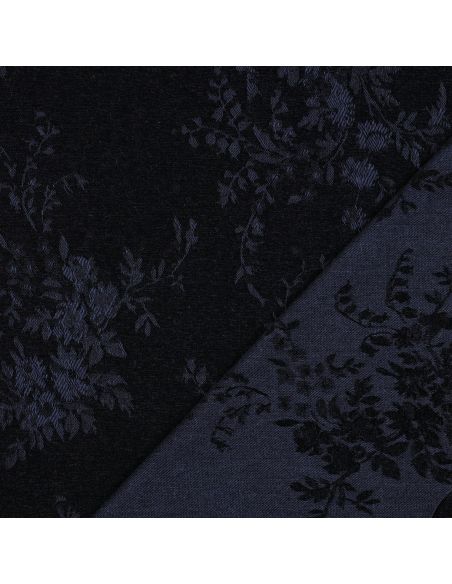 Tissu denim velours jacquard fleurs - Noir