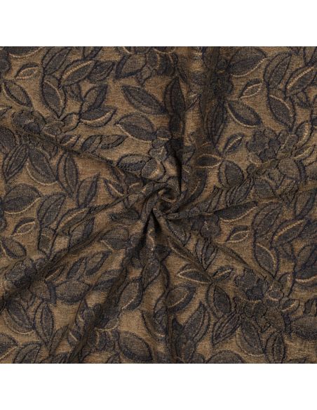 Tissu denim velours jacquard feuilles - Brun