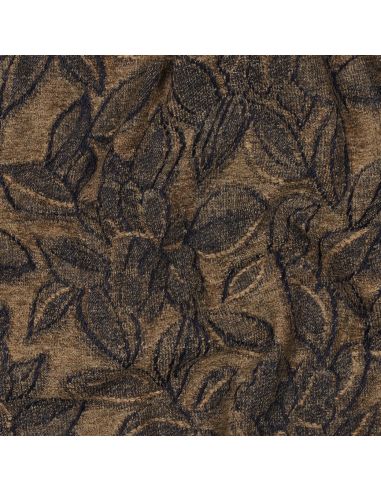 Tissu denim velours jacquard feuilles - Brun