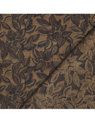Tissu denim velours jacquard feuilles - Brun