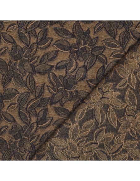 Tissu denim velours jacquard feuilles - Brun
