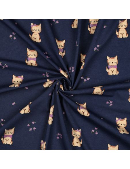 Tissu jersey glitter - Chat bleu marine