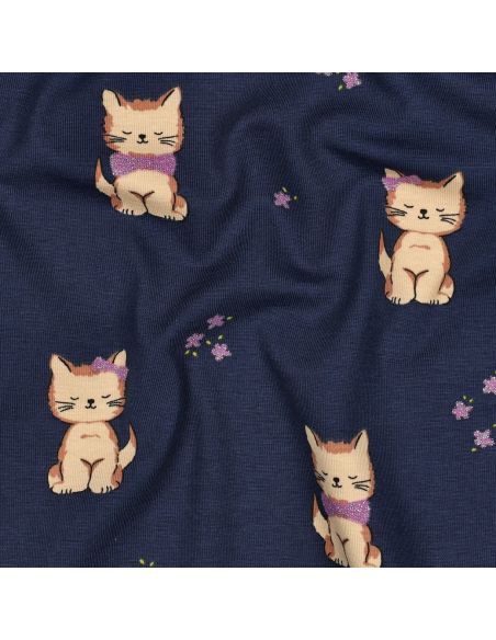 Tissu jersey glitter - Chat bleu marine