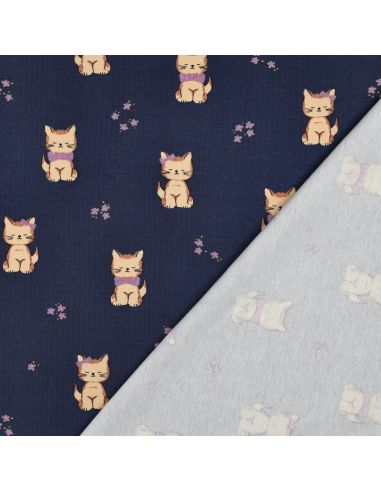 Tissu jersey glitter - Chat bleu marine