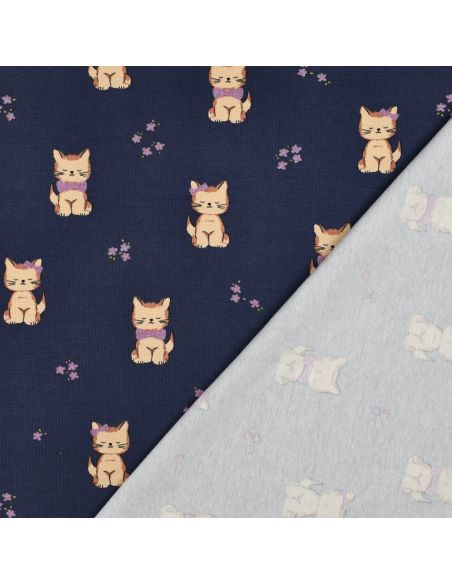 Tissu jersey glitter - Chat bleu marine